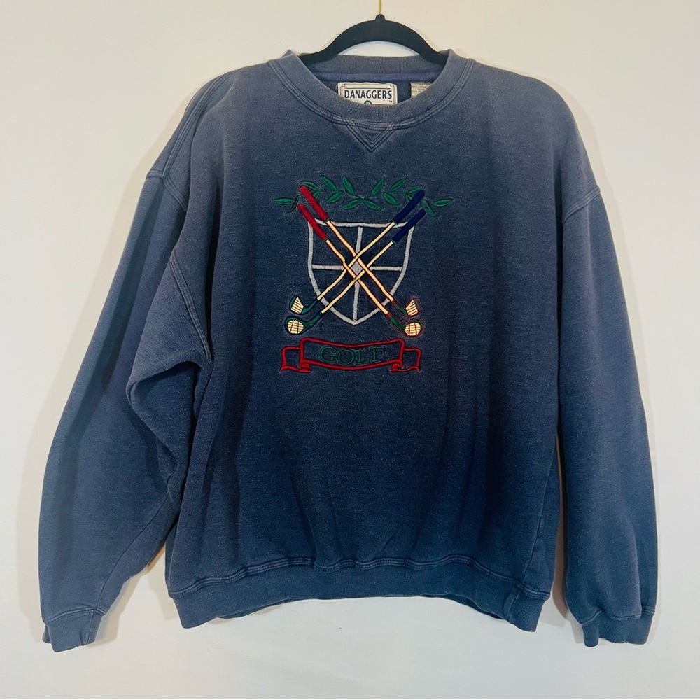 Vintage Danaggers Golf Crewneck Sweatshirt Blue Embroidered Mens Size L Faded